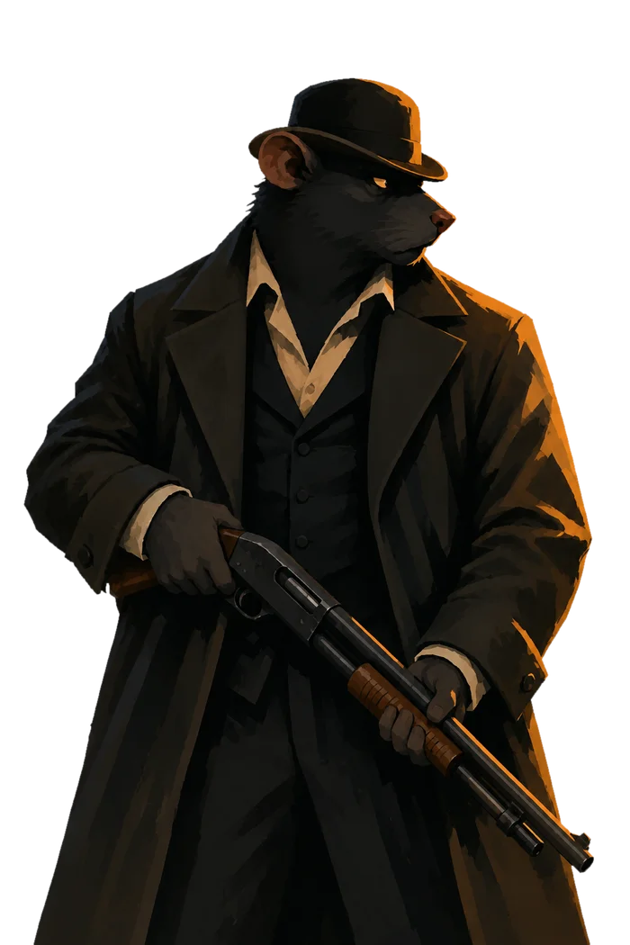 A broad-shouldered rat enforcer in a fedora and long coat, painted in warm shadows.