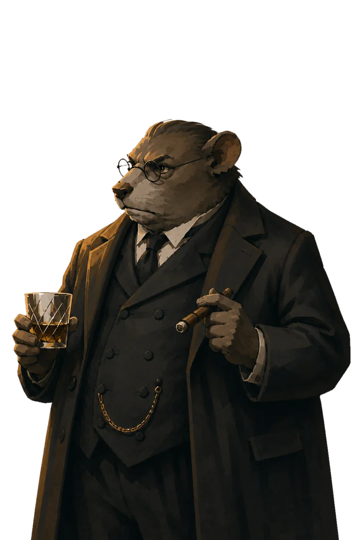 An elder rat with spectacles, a tailored suit, and a glass of whiskey.