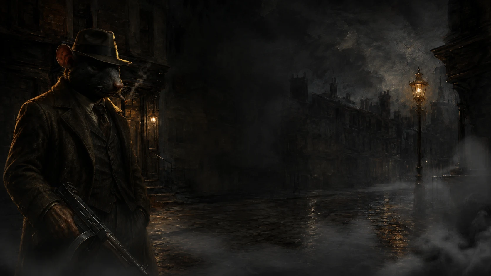 A watchful rat gangster in a fedora on a misty cobblestone street.